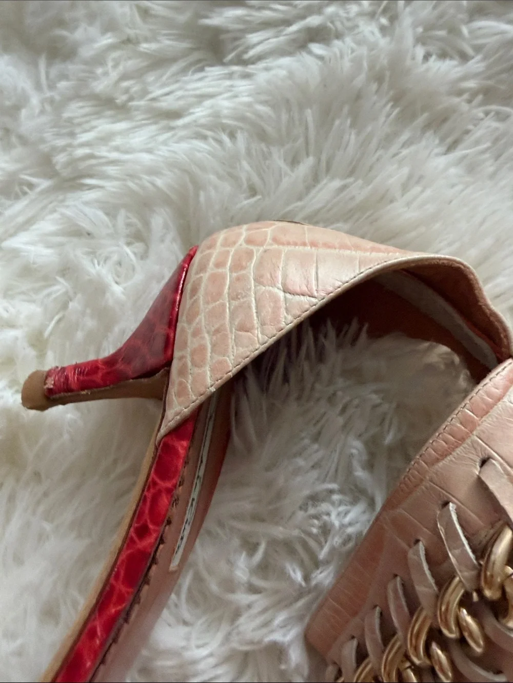 Oscar de la Renta Red, Gold and Tan Chain-Trim Sandals